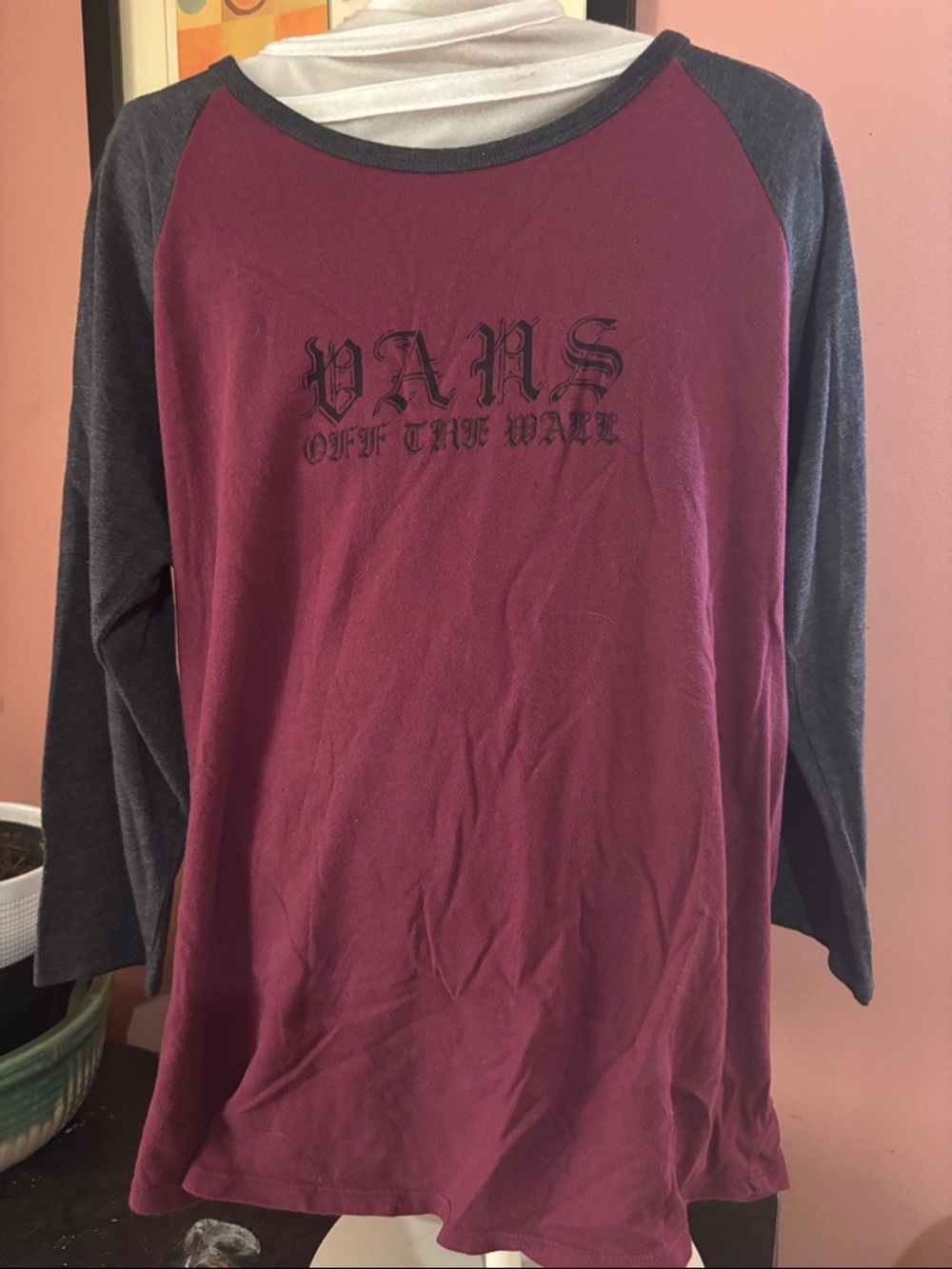 Vans Maroon and Charcoal Raglan Logo Tee Size XL